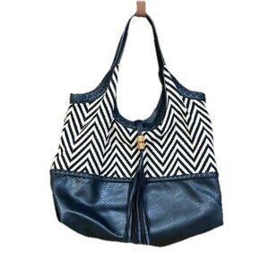 Big Buddha Chevron Tassel Hobo Bag Black White Faux Leather Boho Shoulder Bag‎